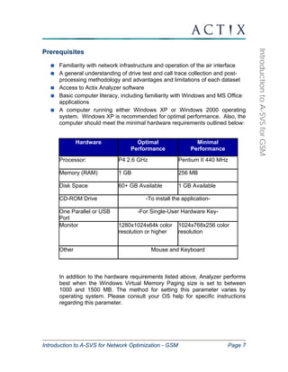 Introduction to A-SVS for Network Optimization - GSM Page 7 
Introduction to A-SVS for GSM 
Prerequisites 
Familiarity with network infrastructure and operation of the air interface 
A general understanding of drive test and call trace collection and post-processing 
methodology and advantages and limitations of each dataset 
Access to Actix Analyzer software 
Basic computer literacy, including familiarity with Windows and MS Office 
applications 
A computer running either Windows XP or Windows 2000 operating 
system. Windows XP is recommended for optimal performance. Also, the 
computer should meet the minimal hardware requirements outlined below: 
Hardware Optimal 
Performance 
Minimal 
Performance 
Processor: P4 2.6 GHz Pentium II 440 MHz 
Memory (RAM) 1 GB 256 MB 
Disk Space 60+ GB Available 1 GB Available 
CD-ROM Drive -To install the application- 
One Parallel or USB 
-For Single-User Hardware Key- 
Port 
Monitor 1280x1024x64k color 
resolution or higher 
1024x768x256 color 
resolution 
Other Mouse and Keyboard 
In addition to the hardware requirements listed above, Analyzer performs 
best when the Windows Virtual Memory Paging size is set to between 
1000 and 1500 MB. The method for setting this parameter varies by 
operating system. Please consult your OS help for specific instructions 
regarding this parameter. 
 