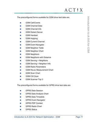 Introduction to A-SVS for Network Optimization - GSM Page 71 
Introduction to A-SVS for GSM 
The preconfigured forms available for GSM drive test data are: 
GSM Call Events 
GSM Channel Data 
GSM Channel Info 
GSM Distant Server 
GSM Handset 
GSM Hopping 
GSM Current Channel 
GSM Event Navigator 
GSM Neighbor Table 
GSM Neighbor Chart 
GSM Neighbors 
GSM Neighbors with Distance 
GSM Serving + Neighbors 
GSM Serving + Neighbor Info 
GSM Radio Parameters 
GSM RxLev Measurement Chart 
GSM Scan Chart 
GSM CW Scan 
GSM Scanner Top 3 
The preconfigured forms available for GPRS drive test data are: 
GPRS Data Session 
GPRS Data Analysis Chart 
GPRS Data Timeslots 
GPRS Event Navigator 
GPRS PDP Context 
GPRS Radio Chart 
GPRS Status 
 