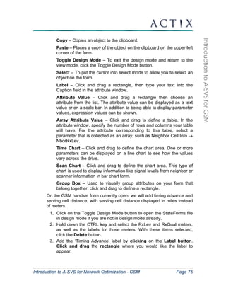 Introduction to A-SVS for Network Optimization - GSM Page 75 
Introduction to A-SVS for GSM 
Copy – Copies an object to the clipboard. 
Paste – Places a copy of the object on the clipboard on the upper-left 
corner of the form. 
Toggle Design Mode – To exit the design mode and return to the 
view mode, click the Toggle Design Mode button. 
Select – To put the cursor into select mode to allow you to select an 
object on the form. 
Label – Click and drag a rectangle, then type your text into the 
Caption field in the attribute window. 
Attribute Value – Click and drag a rectangle then choose an 
attribute from the list. The attribute value can be displayed as a text 
value or on a scale bar. In addition to being able to display parameter 
values, expression values can be shown. 
Array Attribute Value – Click and drag to define a table. In the 
attribute window, specify the number of rows and columns your table 
will have. For the attribute corresponding to this table, select a 
parameter that is collected as an array, such as Neighbor Cell Info → 
NborRxLev. 
Time Chart – Click and drag to define the chart area. One or more 
parameters can be displayed on a line chart to see how the values 
vary across the drive. 
Scan Chart – Click and drag to define the chart area. This type of 
chart is used to display information like signal levels from neighbor or 
scanner information in bar chart form. 
Group Box – Used to visually group attributes on your form that 
belong together, click and drag to define a rectangle. 
On the GSM handset form currently open, we will add timing advance and 
serving cell distance, with serving cell distance displayed in miles instead 
of meters. 
1. Click on the Toggle Design Mode button to open the StateForms file 
in design mode if you are not in design mode already. 
2. Hold down the CTRL key and select the RxLev and RxQual meters, 
as well as the labels for those meters. With these items selected, 
click the Delete button. 
3. Add the ‘Timing Advance’ label by clicking on the Label button. 
Click and drag the rectangle where you would like the label to 
appear. 
 