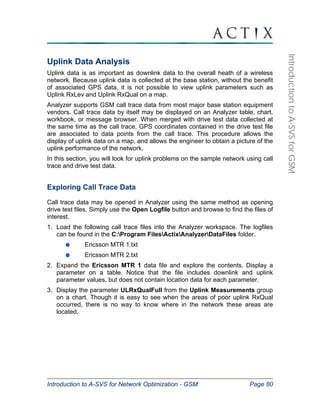 Introduction to A-SVS for Network Optimization - GSM Page 80 
Introduction to A-SVS for GSM 
Uplink Data Analysis 
Uplink data is as important as downlink data to the overall heath of a wireless 
network. Because uplink data is collected at the base station, without the benefit 
of associated GPS data, it is not possible to view uplink parameters such as 
Uplink RxLev and Uplink RxQual on a map. 
Analyzer supports GSM call trace data from most major base station equipment 
vendors. Call trace data by itself may be displayed on an Analyzer table, chart, 
workbook, or message browser. When merged with drive test data collected at 
the same time as the call trace, GPS coordinates contained in the drive test file 
are associated to data points from the call trace. This procedure allows the 
display of uplink data on a map, and allows the engineer to obtain a picture of the 
uplink performance of the network. 
In this section, you will look for uplink problems on the sample network using call 
trace and drive test data. 
Exploring Call Trace Data 
Call trace data may be opened in Analyzer using the same method as opening 
drive test files. Simply use the Open Logfile button and browse to find the files of 
interest. 
1. Load the following call trace files into the Analyzer workspace. The logfiles 
can be found in the C:Program FilesActixAnalyzerDataFiles folder. 
Ericsson MTR 1.txt 
Ericsson MTR 2.txt 
2. Expand the Ericsson MTR 1 data file and explore the contents. Display a 
parameter on a table. Notice that the file includes downlink and uplink 
parameter values, but does not contain location data for each parameter. 
3. Display the parameter ULRxQualFull from the Uplink Measurements group 
on a chart. Though it is easy to see when the areas of poor uplink RxQual 
occurred, there is no way to know where in the network these areas are 
located. 
 