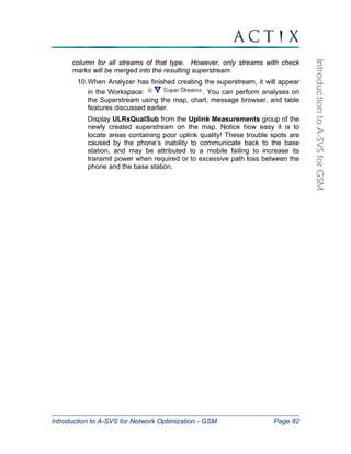 Introduction to A-SVS for Network Optimization - GSM Page 82 
Introduction to A-SVS for GSM 
column for all streams of that type. However, only streams with check 
marks will be merged into the resulting superstream. 
10. When Analyzer has finished creating the superstream, it will appear 
in the Workspace: . You can perform analyses on 
the Superstream using the map, chart, message browser, and table 
features discussed earlier. 
Display ULRxQualSub from the Uplink Measurements group of the 
newly created superstream on the map. Notice how easy it is to 
locate areas containing poor uplink quality! These trouble spots are 
caused by the phone’s inability to communicate back to the base 
station, and may be attributed to a mobile failing to increase its 
transmit power when required or to excessive path loss between the 
phone and the base station. 
 