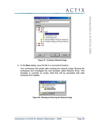 Introduction to A-SVS for Network Optimization - GSM Page 85 
Introduction to A-SVS for GSM 
Figure 47 - Creating a Network Image 
4. In the Save dialog, save the file in a convenient location. 
Your workspace will update after creating the network image. Browse the 
workspace and investigate the new template called Network Drive. This 
template is currently an empty shell that will be populated with data 
extracted from logfiles. 
Figure 48 - Workspace Showing the Network Image 
 