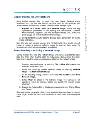 Introduction to A-SVS for Network Optimization - GSM Page 87 
Introduction to A-SVS for GSM 
Display Data for the Entire Network 
Many logfiles contain data for more than one device. Network image 
templates, such as the time binned template used in this example, can 
accommodate multiple data streams collected under a single logfile. 
1. Expand the Cluster Level Data Network Image. Notice that key 
optimization parameters in the Serving Cell Parameters, Downlink 
Measurements, Neighbor Cell Info, Dedicated Radio Link, and Event 
Data groups are included in the network image. 
2. Using standard Analyzer actions, display some parameters on charts, 
maps, and tables. 
Note that you can process scanner and handset data into a single network 
image or create a separate network image for scanner data, using the 
templates supplied with your Analyzer installation. 
Start a New Day – Attaching a Network Image 
Saving multiple files into one Network Image will allow a significantly faster 
load time than when loading each file individually. Demonstrate the faster 
load time by starting a new workspace and attaching the network image. 
1. Create a new workspace by selecting File → New Workspace from 
the main Analyzer toolbar. 
2. Attach the previously created network image by selecting Network 
Image → Attach Network Image. 
3. In the resulting dialog, browse and select the Cluster Level Data 
Network Image. 
4. Select Open to attach to the network image. The workspace will 
update to reflect the change. Notice how quickly the network image 
attaches! 
5. Expand the Network Drive. Display some parameters on Charts, Maps, 
and Tables. 
Key optimization parameters from three separate files have been combined 
into a single, smaller file that loads into Analyzer much faster than the original 
files. 
 