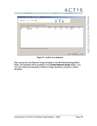 Introduction to A-SVS for Network Optimization - GSM Page 94 
Introduction to A-SVS for GSM 
Figure 57 - Confirm Your Selection 
After saving the new Network Image template in the BinNetworkImageDefns 
folder, the template will be available in the Create Network Image dialog. You 
can now create and populate a Network Image repository using your custom 
template! 
 