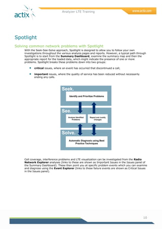 Analyzer LTE Training
10
Spotlight
Solving common network problems with Spotlight
With the Seek-See-Solve approach, Spotlight is designed to allow you to follow your own
investigations throughout the various analysis pages and reports. However, a typical path through
Spotlight is to start from the Summary Dashboard, examine the summary map and then the
appropriate report for the loaded data, which might indicate the presence of one or more
problems. Spotlight breaks these problems down into two groups:
 critical issues, where an event has occurred that discontinued a call;
 important issues, where the quality of service has been reduced without necessarily
ending any calls.
Cell coverage, interference problems and LTE visualization can be investigated from the Radio
Network Explorer analyses (links to these are shown as Important Issues in the Issues panel of
the Summary Dashboard). These then point you at specific problem events which you can examine
and diagnose using the Event Explorer (links to these failure events are shown as Critical Issues
in the Issues panel).
 