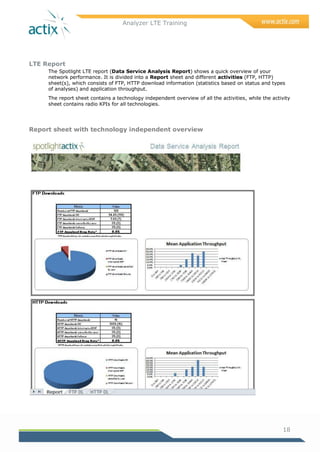 Analyzer LTE Training
18
LTE Report
The Spotlight LTE report (Data Service Analysis Report) shows a quick overview of your
network performance. It is divided into a Report sheet and different activities (FTP, HTTP)
sheet(s), which consists of FTP, HTTP download information (statistics based on status and types
of analyses) and application throughput.
The report sheet contains a technology independent overview of all the activities, while the activity
sheet contains radio KPIs for all technologies.
Report sheet with technology independent overview
 