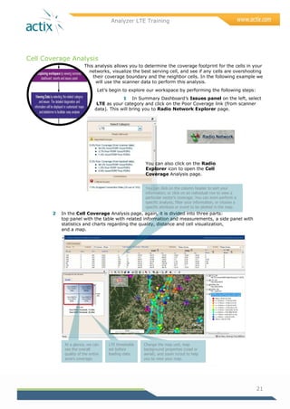 Analyzer LTE Training
21
Cell Coverage Analysis
This analysis allows you to determine the coverage footprint for the cells in your
networks, visualize the best serving cell, and see if any cells are overshooting
their coverage boundary and the neighbor cells. In the following example we
will use the scanner data to perform this analysis.
Let‘s begin to explore our workspace by performing the following steps:
1 In Summary Dashboard‘s Issues panel on the left, select
LTE as your category and click on the Poor Coverage link (from scanner
data). This will bring you to Radio Network Explorer page.
2 In the Cell Coverage Analysis page, again, it is divided into three parts:
top panel with the table with related information and measurements, a side panel with
statistics and charts regarding the quality, distance and cell visualization,
and a map.
You can also click on the Radio
Explorer icon to open the Cell
Coverage Analysis page.
At a glance, we can
see the overall
quality of the entire
area’s coverage.
LTE thresholds
set before
loading data.
Change the map unit, map
background properties (road or
aerial), and zoom in/out to help
you to view your map.
You can click on the column header to sort your
information, or click on an individual row to view a
particular sector’s coverage. You can even perform a
specific analysis, filter your information, or choose a
specific attribute or event to be plotted in the map.
 