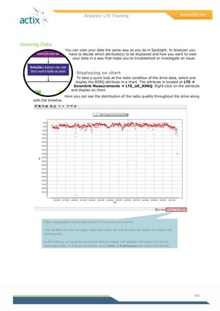 Analyzer LTE Training
44
Viewing Data
You can view your data the same way as you do in Spotlight. In Analyzer you
have to decide which attribute(s) to be displayed and how you want to view
your data in a way that helps you to troubleshoot or investigate an issue.
Displaying on chart
To take a quick look at the radio condition of the drive data, select and
display the RSRQ attribute in a chart. The attribute is located at LTE 
Downlink Measurements  LTE_UE_RSRQ. Right-click on the attribute
and display on chart.
Here you can see the distribution of the radio quality throughout the drive along
with the timeline.
Data is aggregated and averaged based on time (every one second).
This will affect the view on maps, tables and charts, but will not affect the results of crosstab and
event queries.
In this training, we would like to perform manual analysis with detailed information but not the
aggregated data. To change the settings, go to Tools  Preferences and change the binning
mode to Message.
More configuration information can be found in HELP.
 