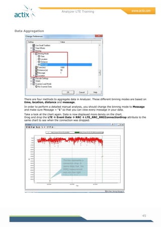 Analyzer LTE Training
45
Data Aggregation
There are four methods to aggregate data in Analyzer. These different binning modes are based on
time, location, distance and message.
In order to perform a detailed manual analysis, you should change the binning mode to Message
and make sure Message = ―1‖ so that you can view every message in your data.
Take a look at the chart again. Data is now displayed more densly on the chart.
Drag and drop the LTE  Event Data  RRC  LTE_RRC_RRCConnectionDrop attribute to the
same chart to see when the connection was dropped.
The line represents a
connection drop. It
seems likely that the
RSRQ measurement
was very low right
before the drop.
 