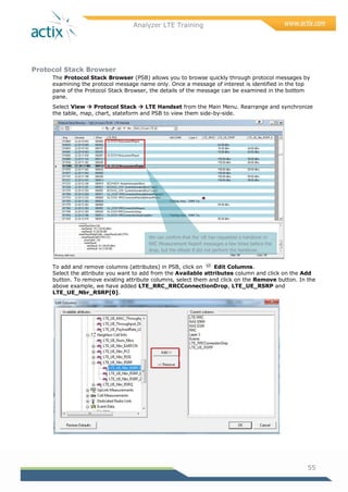Analyzer LTE Training
55
Protocol Stack Browser
The Protocol Stack Browser (PSB) allows you to browse quickly through protocol messages by
examining the protocol message name only. Once a message of interest is identified in the top
pane of the Protocol Stack Browser, the details of the message can be examined in the bottom
pane.
Select View  Protocol Stack  LTE Handset from the Main Menu. Rearrange and synchronize
the table, map, chart, stateform and PSB to view them side-by-side.
To add and remove columns (attributes) in PSB, click on Edit Columns.
Select the attribute you want to add from the Available attributes column and click on the Add
button. To remove existing attribute columns, select them and click on the Remove button. In the
above example, we have added LTE_RRC_RRCConnectionDrop, LTE_UE_RSRP and
LTE_UE_Nbr_RSRP[0].
We can confirm that the UE has requested a handover in
RRC Measurement Report messages a few times before the
drop, but the eNode B did not perform the handover.
 