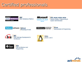 Certified professionals SUN J2EE Architecture and Programming IBM J2EE WebSphere Platform Rational Metodology & tools BEA J2EE WebLogic Development & Architecture MCP, MCAD, MCSD, MCSA Solution Design, Programming & System Administration Linux Levels 1 and 2 Oracle Administration & Programming 