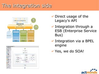 The integration side Direct usage of the Legacy's API Integration through a ESB (Enterprise Service Bus) Integration via a BPEL engine Yes, we do SOA! 