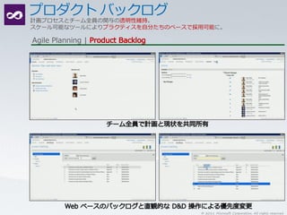 計画プロセスとチーム全員の関与の透明性維持。
スケール可能なツールによりプラクティスを自分たちのペースで採用可能に。

Agile Planning |




                              © 2011 Microsoft Corporation. All rights reserved.
 