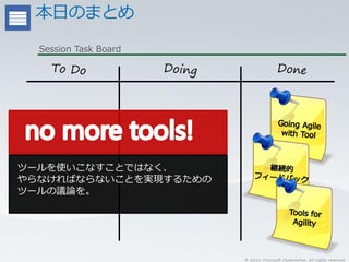 Session Task Board




ツールを使いこなすことではなく、
やらなければならないことを実現するための
ツールの議論を。




                       © 2011 Microsoft Corporation. All rights reserved.
 