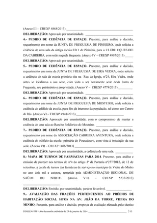 (Anexo III – CREXP 4868/2013) __________________________________________
DELIBERAÇÃO: Aprovado por unanimidade. ______________________________
4.- PEDIDO DE CEDÊNCIA DE ESPAÇO. Presente, para análise e decisão,
requerimento em nome da JUNTA DE FREGUESIA DE PINHEIRO, onde solicita a
cedência de uma sala da antiga escola EB 1 de Pinheiro, para o CLUBE EQUESTRE
DA CABREIRA, com sede naquela freguesia. (Anexo IV – CREXP 4867/2013) _____
DELIBERAÇÃO: Aprovado por unanimidade. ______________________________
5.- PEDIDO DE CEDÊNCIA DE ESPAÇO. Presente, para análise e decisão,
requerimento em nome da JUNTA DE FREGUESIA DE EIRA VEDRA, onde solicita
a cedência de sala da escola primária sita na Rua da Igreja, nº24, Eira Vedra, onde
antes se localizava a sua sede, com vista a ser novamente sede desta Junta de
Freguesia, seu património e propriedade. (Anexo V – CREXP 4778/2013) _________
DELIBERAÇÃO: Aprovado por unanimidade. ______________________________
6.- PEDIDO DE CEDÊNCIA DE ESPAÇO. Presente, para análise e decisão,
requerimento em nome da JUNTA DE FREGUESIA DE MOSTEIRO, onde solicita a
cedência do edifício da escola, para fins de interesse da população, tal como um Centro
de Dia. (Anexo VI – CREXP 4941/2013) ______________________________
DELIBERAÇÃO: Aprovado por unanimidade, com o compromisso de manter a
cedência de uma sala ao Rancho Folclórico do Mosteiro. _______________________
7.- PEDIDO DE CEDÊNCIA DE ESPAÇO. Presente, para análise e decisão,
requerimento em nome da ASSOCIAÇÃO CABREIRA AVENTURA, onde solicita a
cedência do edifício da escola primária do Pousadouro, com vista à instalação da sua
sede. (Anexo VII – CREXP 1406/2013) _____________________________________
DELIBERAÇÃO: Aprovada por unanimidade, a cedência de uma sala. ___________
8.- MAPA DE TURNOS DE FARMÁCIAS PARA 2014. Presente, para análise e
emissão de parecer nos termos do nº4 do artigo 3º da Portaria nº277/2012, de 12 de
setembro, a escala de turnos das farmácias de serviço no município de Vieira do Minho
no ano dois mil e catorze, remetida pela ADMINISTRAÇÃO REGIONAL DE
SAÚDE

DO

NORTE.

(Anexo

VIII

–

CREXP

5232/2013)

_______________________
DELIBERAÇÃO: Emitido, por unanimidade, parecer favorável. ________________
9.- AVALIAÇÃO DAS FRAÇÕES PERTENCENTES AO PRÉDIOS DE
HABITAÇÃO SOCIAL SITOS NA AV. JOÃO DA TORRE, VIEIRA DO
MINHO. Presente, para análise e decisão, proposta de avaliação efetuada pelo técnico
DDSLEAF/ID – Ata da reunião ordinária de 23 de janeiro de 2014 ________________________________ 2/13

 