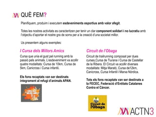 QUÈ FEM?
Planifiquem, produim i executem esdeveniments esportius amb valor afegit.
Totes les nostres activitats es caracteritzen per tenir un clar component solidari i no lucratiu amb
l’objectiu d’aportar el nostre gra de sorra per a la creació d’una societat millor.
Us presentem alguns exemples:

I Cursa dels Millors Amics

Circuit de l’Obaga

Cursa que unia el gust pel running amb la
passió pels animals. L’esdeveniment va acollir
quatre modalitats: Cursa de 10km, Cursa de
5km, Canicross i Cursa infantil.

Circuit de trailrunning composat per dues
curses,Cursa de Tiurana i Cursa de Castellar
de la Ribera. El Circuit va acollir diverses
modalitats: Mitja Marató, Cursa de12km,
Canicross, Cursa Infantil i Marxa Nòrdica.

Els fons recaptats van ser destinats
íntegrament al refugi d’animals APAN.

Tots els fons recaptats van ser destinats a
la FECEC, Federació d’Entitats Catalanes
Contra el Càncer.

 