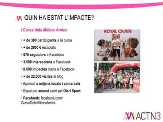 QUIN HA ESTAT L’IMPACTE?
I Cursa dels Millors Amics
• + de 300 participants a la cursa
• + de 2000 € recaptats
• 576 seguidors a Facebook
• 3.500 interaccions a Facebook
• 8.000 impactes diaris a Facebook
• + de 22.000 visites al blog
• Aparició a mitjans locals i comarcals
• Espai per anunci cedit pel Diari Sport
• Facebook: facebook.com/
CursaDelsMillorsAmics

 
