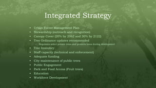 Integrated Strategy
• Urban Forest Management Plan
• Stewardship (outreach and recognition)
• Canopy Cover (20% by 2062 an...