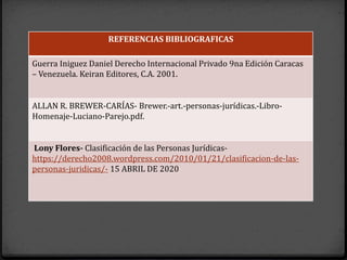 REFERENCIAS BIBLIOGRAFICAS
Guerra Iniguez Daniel Derecho Internacional Privado 9na Edición Caracas
– Venezuela. Keiran Editores, C.A. 2001.
ALLAN R. BREWER-CARÍAS- Brewer.-art.-personas-jurídicas.-Libro-
Homenaje-Luciano-Parejo.pdf.
Lony Flores- Clasificación de las Personas Jurídicas-
https://derecho2008.wordpress.com/2010/01/21/clasificacion-de-las-
personas-juridicas/- 15 ABRIL DE 2020
 