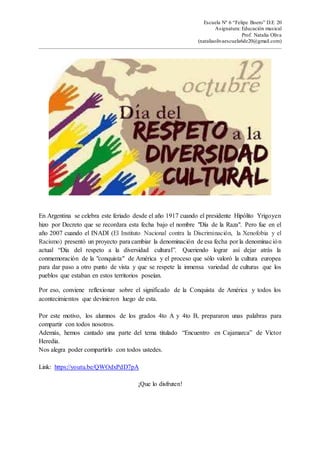 Escuela Nº 6 “Felipe Boero” D.E 20
Asignatura: Educación musical
Prof. Natalia Oliva
(nataliaolivaescuela6de20@gmail.com)
...