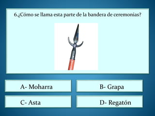 6.¿Cómo se llama esta parte de la bandera de ceremonias?
B- Grapa
D- Regatón
A- Moharra
C- Asta
 