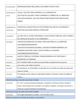 DE EMPANADAS EMPANADAS BIEN RELLENAS CON AMOR A ESTE PAÍS.!
VENDEDORA DE
VELAS
VELAS, VELITAS PARA PONERLE A LA VIRGENCITA!
¡VELITAS DE CALIDAD, PARA ILUMINAR EL CAMINO DE LA LIBERTAD!
¡VELITAS BLANCAS, VELITAS FINAS PARA ROGAR POR UNA PATRIA
UNIDA!
VENDEDORA DE
PASTELITOS
¡PASTELES CALENTITOS HOY NO PODÍAN FALTAR PA’ LOS MOZOS Y
MOCITAS QUE HAN VENIDO A FESTEJAR!
LAVANDERA ¡AL RÍO VOY A LAVAR CANTANDO A LOS CUATRO VIENTOS, ESTE PUEBLO
ES CAPAZ DE ELEGIR YA SU GOBIERNO.!
ESCOBERO: ¡TRAIGO ESCOBAS DE CALIDAD, PARA QUE BRILLE LA LIBERTAD!
¡ESCOBEEEEEEROOOOO!
¡CON ESTAS BUENAS ESCOBAS, USTEDES PODRÁN BARRER LAS
CADENAS QUE NOS ATAN Y ESTA PATRIA VA A NACER!
¡ESCOBEEEEEROOOOOOO!
AGUATERO ¡AGÜITA FRESCA, PATRONA! ¡PARAR BORRAR LAS TRIZTESAS Y
ESPANTAR LA CORONA!
LOCUTOR Ah! Y también había un señor que anunciaba a la gente la hora que era:
Sereno Las nueve y han dado el sereno!
LOCUTOR En esa época, un 25 de Mayo, la palomita vió un montón de cosas que ahora les
vamos a contar.
LOCUTOR Por ejemplo en las casas se organizaban fiestas o tertulias, donde se bailaba el
minué…..
(Entran los chicos de jardín para hacer el baile)
LOCUTOR En 1810, no solo las familias distinguidas, compartían momentos amenos, también lo
hacían, otros sectores de la sociedad. Los negritos y negritas, con alegría se divertían a
través de su danza tradicional “el Candombe”.
(Entran los chicos de jardín para hacer el baile)
LOCUTOR Pero algo empezaba a suceder, y el murmullo crecía ……
(Entran a escena los varones de la plaza y una señora)
 