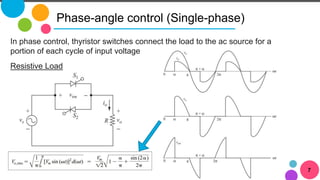 7
Phase-angle control (Single-phase)
Resistive Load
In phase control, thyristor switches connect the load to the ac source for a
portion of each cycle of input voltage
 