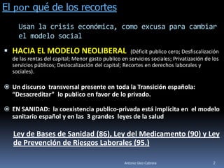 El por qué de los recortes
     Usan la crisis económica, como excusa para cambiar
     el modelo social
 HACIA EL MODELO NEOLIBERAL                          (Déficit publico cero; Desfiscalización
  de las rentas del capital; Menor gasto publico en servicios sociales; Privatización de los
  servicios públicos; Deslocalización del capital; Recortes en derechos laborales y
  sociales).

 Un discurso transversal presente en toda la Transición española:
  “Desacreditar” lo publico en favor de lo privado.

 EN SANIDAD: la coexistencia publico-privada está implícita en el modelo
  sanitario español y en las 3 grandes leyes de la salud

   Ley de Bases de Sanidad (86), Ley del Medicamento (90) y Ley
   de Prevención de Riesgos Laborales (95.)

                                                   Antonio Glez-Cabrera                   2
 
