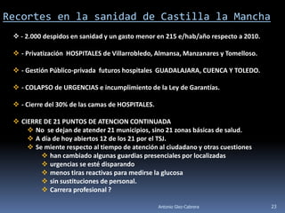 Recortes en la sanidad de Castilla la Mancha
  - 2.000 despidos en sanidad y un gasto menor en 215 e/hab/año respecto a 2010.

  - Privatización HOSPITALES de Villarrobledo, Almansa, Manzanares y Tomelloso.

  - Gestión Público-privada futuros hospitales GUADALAJARA, CUENCA Y TOLEDO.

  - COLAPSO de URGENCIAS e incumplimiento de la Ley de Garantías.

  - Cierre del 30% de las camas de HOSPITALES.

  CIERRE DE 21 PUNTOS DE ATENCION CONTINUADA
      No se dejan de atender 21 municipios, sino 21 zonas básicas de salud.
      A día de hoy abiertos 12 de los 21 por el TSJ.
      Se miente respecto al tiempo de atención al ciudadano y otras cuestiones
          han cambiado algunas guardias presenciales por localizadas
          urgencias se esté disparando
          menos tiras reactivas para medirse la glucosa
          sin sustituciones de personal.
          Carrera profesional ?

                                                  Antonio Glez-Cabrera              23
 