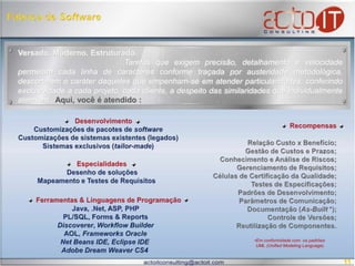 Fábrica de SoftwareVersado. Moderno. Estruturado. Tarefas que exigem precisão, detalhamento e velocidade permeiam cada linha de caracteres conforme traçada por austeridade metodológica, descortinam o caráter daqueles que empenham-se em atender particularidades, conferindo exclusividade a cada projeto, cada cliente, a despeito das similaridades que individualmente atendem.Aqui, você é atendido : Desenvolvimento  Customizações de pacotes de softwareCustomizações de sistemas existentes (legados) Sistemas exclusivos (tailor-made) RecompensasRelação Custo x Benefício;Gestão de Custos e Prazos;Conhecimento e Análise de Riscos;Gerenciamento de Requisitos;  Células de Certificação da Qualidade; Testes de Especificações;Padrões de Desenvolvimento;Parâmetros de Comunicação;Documentação (As-Built*);  Controle de Versões;Reutilização de Componentes.Especialidades  Desenho de soluçõesMapeamento e Testes de RequisitosFerramentas & Linguagens de ProgramaçãoJava, .Net, ASP, PHP PL/SQL, Forms & ReportsDiscoverer, Workflow BuilderAOL, Frameworks OracleNet Beans IDE, Eclipse IDEAdobe Dream Weaver CS4Em conformidade com  os padrões UML (UnifiedModelingLanguage).11