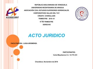 REPÚBLICA BOLIVARIANA DE VENEZUELA
UNIVERSIDAD BICENTENARIA DE ARAGUA
ASOCIACIÓN CIVIL ESTUDIOS SUPERIORES GERENCIALES
CORPORATIVOS VALLES DEL TUY
CREATE -CHARALLAVE
TRIMESTRE 2019- III
4 TO TRIMESTRE
DERECHO
ACTO JURIDICO
FACILITADORA: LUISA ARISMENDI.
PARTICIPANTES:
Carla Miquilareno C.I. 14.775.181
Charallave, Noviembre de 2019
 