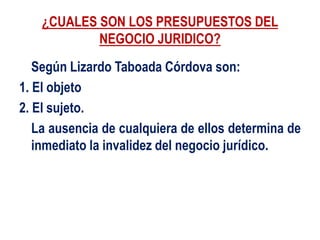 ¿CUALES SON LOS PRESUPUESTOS DEL
NEGOCIO JURIDICO?
Según Lizardo Taboada Córdova son:
1. El objeto
2. El sujeto.
La ausencia de cualquiera de ellos determina de
inmediato la invalidez del negocio jurídico.
 