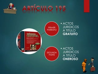 PRIMER
PÁRRAFO

• ACTOS
JURIDICOS
A TITULO
GRATUITO

SEGUNDA
PARTE

• ACTOS
JURIDICOS
A TITULO
ONEROSO

 