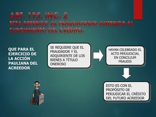 QUE PARA EL
EJERCICIO DE
LA ACCIÓN
PAULIANA DEL
ACREEDOR

SE REQUIERE QUE EL
FRAUDADOR Y EL
ADQUIRIENTE DE LOS
BIENES A TÍTULO
ONEROSO

HAYAN CELEBRADO EL
ACTO PERJUDICIAL
EN CONCILIUM
FRAUDIS

ESTO ES CON EL
PROPÓSITO DE
PERJUDICAR EL CRÉDITO
DEL FUTURO ACREEDOR

 