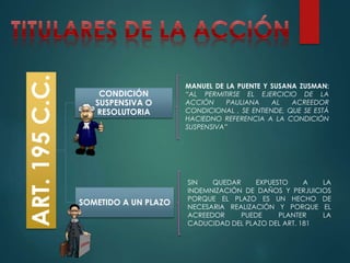 ART. 195 C.C.

CONDICIÓN
SUSPENSIVA O
RESOLUTORIA

SOMETIDO A UN PLAZO

MANUEL DE LA PUENTE Y SUSANA ZUSMAN:
“AL PERMITIRSE EL EJERCICIO DE LA
ACCIÓN
PAULIANA
AL
ACREEDOR
CONDICIONAL , SE ENTIENDE, QUE SE ESTÁ
HACIEDNO REFERENCIA A LA CONDICIÓN
SUSPENSIVA”

SIN
QUEDAR
EXPUESTO
A
LA
INDEMNIZACIÓN DE DAÑOS Y PERJUICIOS
PORQUE EL PLAZO ES UN HECHO DE
NECESARIA REALIZACIÓN Y PORQUE EL
ACREEDOR
PUEDE
PLANTER
LA
CADUCIDAD DEL PLAZO DEL ART. 181

 