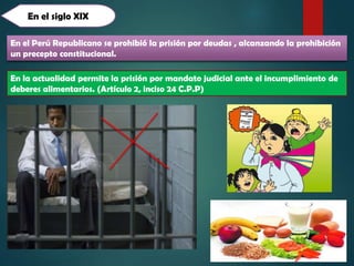En el siglo XIX
En el Perú Republicano se prohibió la prisión por deudas , alcanzando la prohibición
un precepto constitucional.
En la actualidad permite la prisión por mandato judicial ante el incumplimiento de
deberes alimentarios. (Artículo 2, inciso 24 C.P.P)

 
