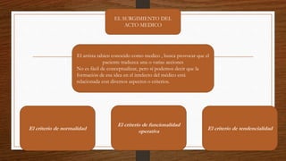 EL SURGIMIENTO DEL
ACTO MEDICO
El artista tabien conocido como medico , busca provocar que el
paciente traduzca una o varias acciones
No es fácil de conceptualizar, pero sí podemos decir que la
formación de esa idea en el intelecto del médico está
relacionada con diversos aspectos o criterios.
El criterio de tendencialidad
El criterio de normalidad
El criterio de funcionalidad
operativa
 
