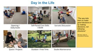 “The way kids
learn to make
good decisions is
by making
decisions, not
following
directions”
Aflie Kohn, Author of
Unconditional Parenting
Day in the Life
Opening /
Daily Goals
Self-Paced Core Skills
/ DEAR
Studio Maintenance
Socratic Discussion
Quest / Projects Outdoor / Free Time
 