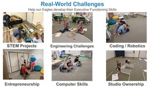 STEM Projects Coding / Robotics
Entrepreneurship
Real-World Challenges
Help our Eagles develop their Executive Functioning Skills
Engineering Challenges
Computer Skills Studio Ownership
 