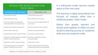 In a self-paced model, learners master
topics at their own pace.
The learning is highly personalized and
focused on mastery rather than a
traditional grades / tests model.
Rather than grades, learners and
Guides work together to reflect on each
student’s learning journey on academic
skills and non-academic skills.
 