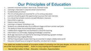 Our Principles of Education
1. Learners must learn to learn, learn to do, and learn to be
2. Learning is improved in a learner-driven environment
3. Fundamentals are critical
4. The 4 Cs of education are essential for a 21st century education
5. Learners should be given the opportunity to pursue their own interests
6. It is critical that schools nurture a Growth Mindset in learners
7. Every child is a genius
8. Failure is key to success
9. Learning is a reward. Schooling is not.
10. Students are individuals who are at diﬀerent stages and learn at their own pace.
11. The ability to move around freely fosters creativity
12. Collaborative engagement and teamwork is critical for learning
13. Information is a commodity. Applying knowledge is essential.
14. Multi-age classrooms are optimal for learning and fostering a growth mindset
15. Blended learning is highly eﬀective
16. Self-learning and peer-to-peer learning are essential in today’s collaborative world
17. Education should focus on long term beneﬁts, not short term results
https://actonacademycolumbus.com/blog/principles-of-education
“I’ve visited and studied hundreds of innovative models of schooling over the past decade, and Acton continues to be
one of the most promising models…. Acton is a truly inspiring and exceptional school.”
- Bernard Bull, Author of Etale – Education, Innovation, Experimentation
 