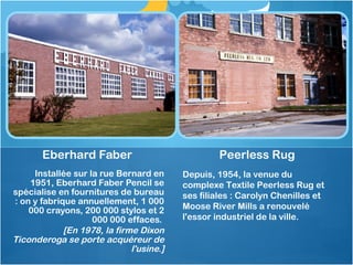 Installée sur la rue Bernard en
1951, Eberhard Faber Pencil se
spécialise en fournitures de bureau
: on y fabrique annuell...