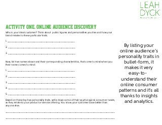 Activity One. Online Audience Discovery
Who is your ideal customer? Think about public ﬁgures and personalities you like and how your
brand relates to these particular traits.
1. ________________________________________________
2. ________________________________________________
3. ________________________________________________
Now, list ﬁve names above and their corresponding characteristics, that come to mind when you
their name comes to mind:
1. ________________________________________________
2. ________________________________________________
3. ________________________________________________
4. ________________________________________________
5. ________________________________________________
Based on these top ﬁve personality traits, write down some of their psychological consumer needs,
as they relate to your product or service offering. You know your customer base better than
anyone else.
______________________________________________________________________________
______________________________________________________________________________
By listing your
online audience’s
personality traits in
bullet-form, it
makes it very
easy-to-
understand their
online consumer
patterns and it’s all
thanks to insights
and analytics.
 