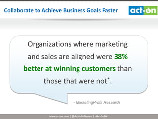 Collaborate to Achieve Business Goals Faster

Organizations where marketing
and sales are aligned were 38%
better at winning customers than
those that were not*.
- MarketingProfs Research

www.act-on.com | @ActOnSoftware | #ActOnSW

 