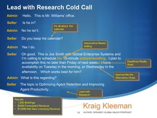 Lead with Research Cold Call
Admin

Hello. This is Mr. Williams’ office.

Seller

Is he in?
It’s all about the
calendar

Admin

No he isn’t.

Seller

Do you keep his calendar?
Assumptive Based
Selling

Admin

Yes I do.

Seller

Oh good. This is Joe Smith with Global Enterprise Systems and
I’m calling to schedule his 15-minute analyst-briefing. I plan to
accomplish this no later than Friday of next week. I have
availability on Tuesday in the morning, or Wednesday in the
afternoon. Which works best for him?

Appropriate the
Alternative Close

Admin What is this regarding?
Seller

Deadlines Really
Work

The topic is Optimizing Agent Retention and Improving
Agent Productivity…
Lead with
Research

Results
• 1,680 Briefings
• $30M Forecasted Revenue
• $10MM Net New Licensing Revenue
10

 