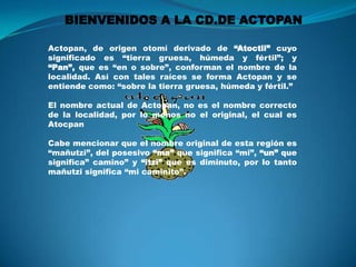 BIENVENIDOS A LA CD.DE ACTOPAN Actopan, de origen otomí derivado de “Atoctli” cuyo significado es “tierra gruesa, húmeda y fértil”; y “Pan”, que es “en o sobre”, conforman el nombre de la localidad. Así con tales raíces se forma Actopan y se entiende como: “sobre la tierra gruesa, húmeda y fértil.”  El nombre actual de Actopan, no es el nombre correcto de la localidad, por lo menos no el original, el cual es Atocpan Cabe mencionar que el nombre original de esta región es “mañutzi”, del posesivo “ma” que significa “mi”, “un” que significa” camino” y “itzi” que es diminuto, por lo tanto mañutzi significa “mi caminito”. 