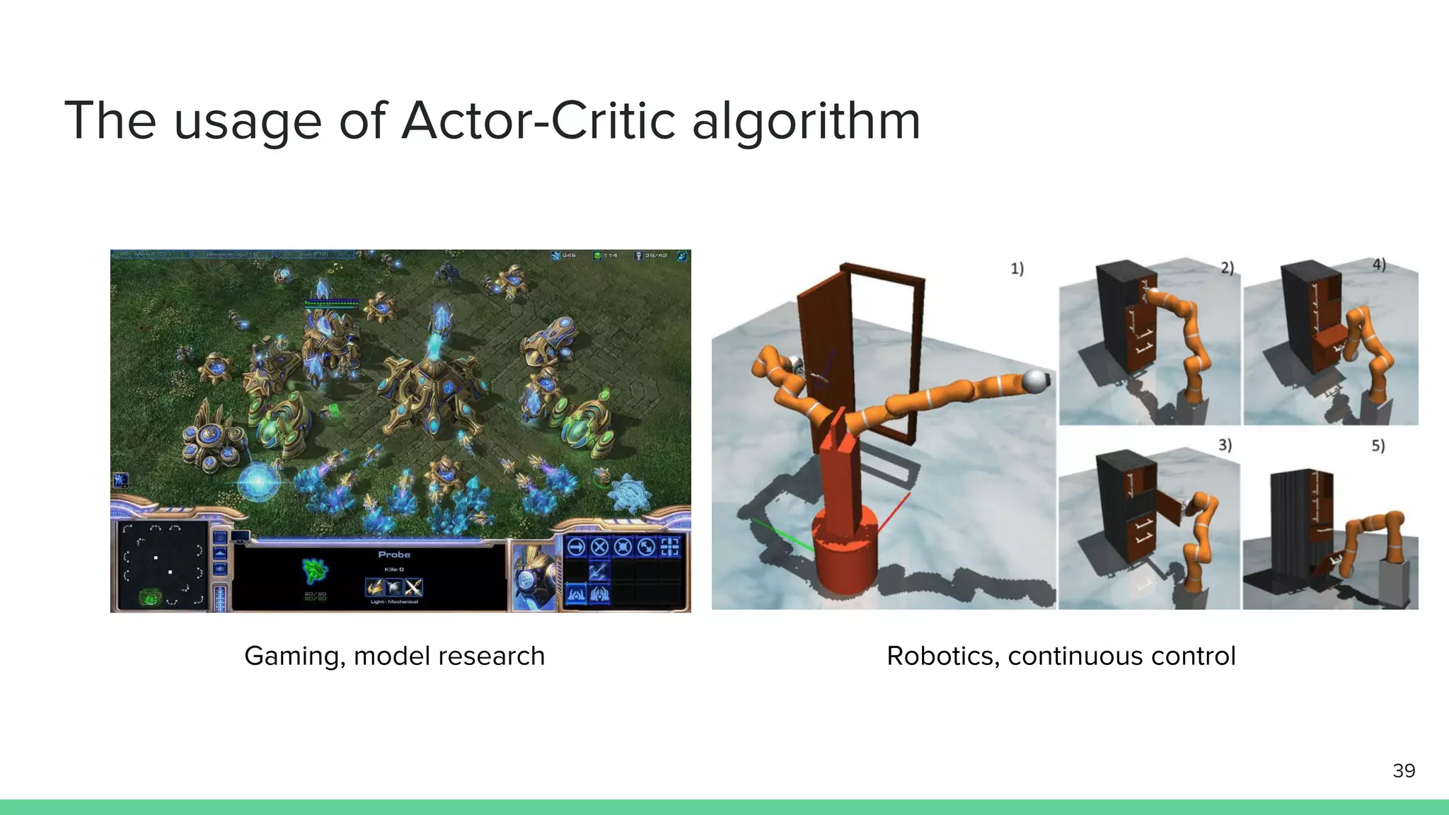 The usage of Actor-Critic algorithm
Gaming, model research Robotics, continuous control
39
 