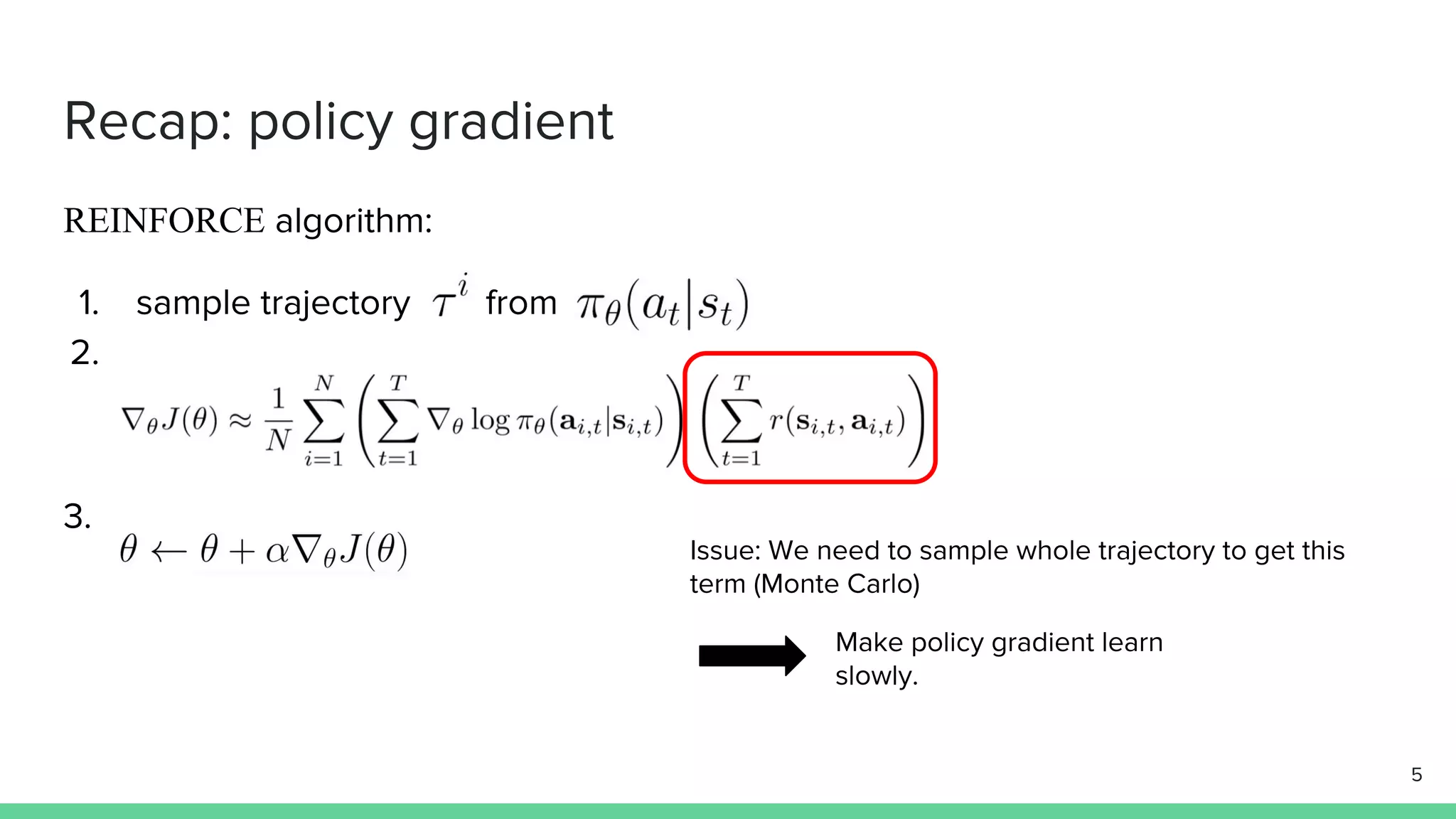 Recap: policy gradient
REINFORCE algorithm:
1. sample trajectory from
2.
3.
Issue: We need to sample whole trajectory to get this
term (Monte Carlo)
Make policy gradient learn
slowly.
5
 