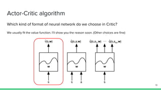 Actor-Critic algorithm
Which kind of format of neural network do we choose in Critic?
We usually fit the value function. I’ll show you the reason soon. (Other choices are fine)
13
 