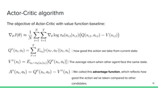 Actor-Critic algorithm
The objective of Actor-Critic with value function baseline:
:
: The average return when other agent face the same state.
: We called this advantage function, which reflects how
good the action we’ve taken compared to other
candidates.
: how good the action we take from current state.
16
 